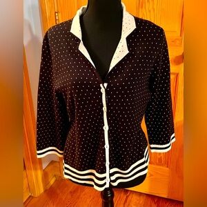 Black White Polka Dot Cardigan 100% Cotton Size Large Christopher & Banks Retro